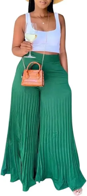 Lexiart Womens High Waisted Chiffon Loose Pleated Wide Leg Palazzo Pants