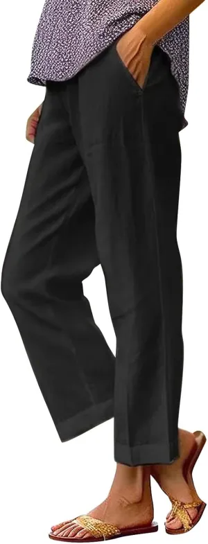 Light Weight Pants for Women Linen Pants Elastic Waist Straight Leg Plus Size Crop Pants Beach Trousers with Pockets