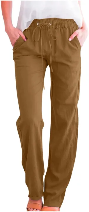 Lightweight Linen Pants for Women 2025 Summer High Waist Elastic Straight Leg Lounge Pant Casual Loose Beach Trousers