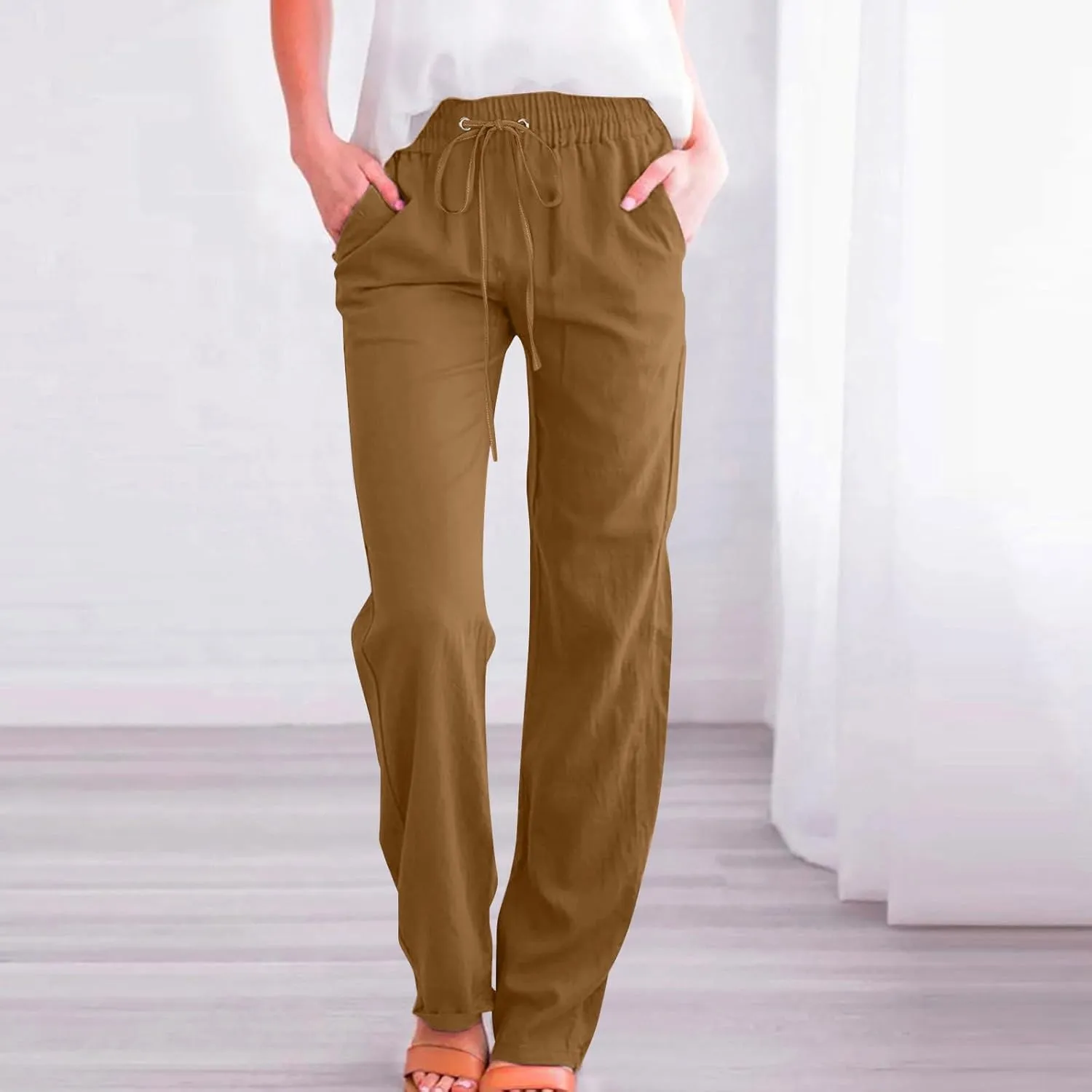 Lightweight Linen Pants for Women 2025 Summer High Waist Elastic Straight Leg Lounge Pant Casual Loose Beach Trousers