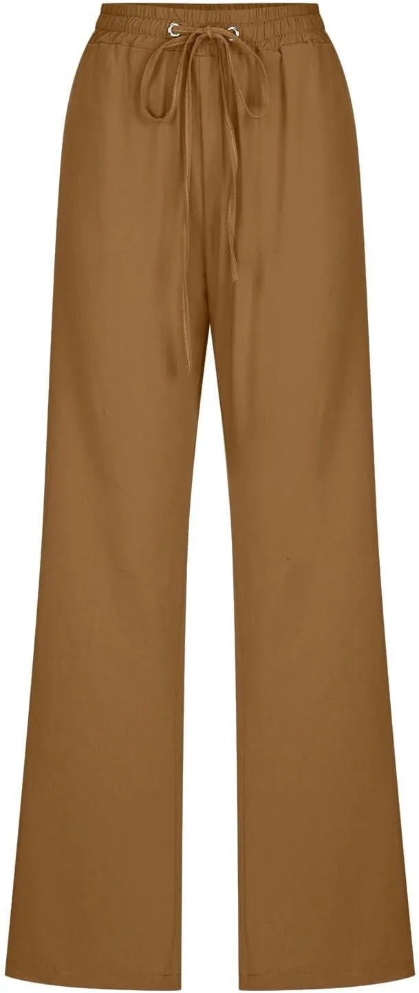 Lightweight Linen Pants for Women 2025 Summer High Waist Elastic Straight Leg Lounge Pant Casual Loose Beach Trousers