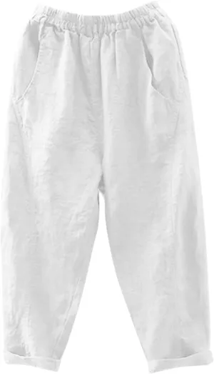 Linen Capri Pants for Women Elatic High Waisted Casual Loose Tapered Trousers Summer Beach Outdoor Sweatpants with Pockets