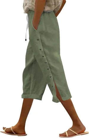 Linen Capri Pants for Women Summer 2025 Wide Leg Loose Drawstring Elastic Waist Cropped Trouser