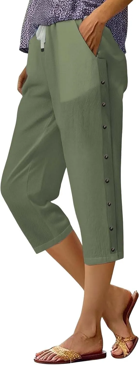 Linen Capri Pants for Women Summer 2025 Wide Leg Loose Drawstring Elastic Waist Cropped Trouser