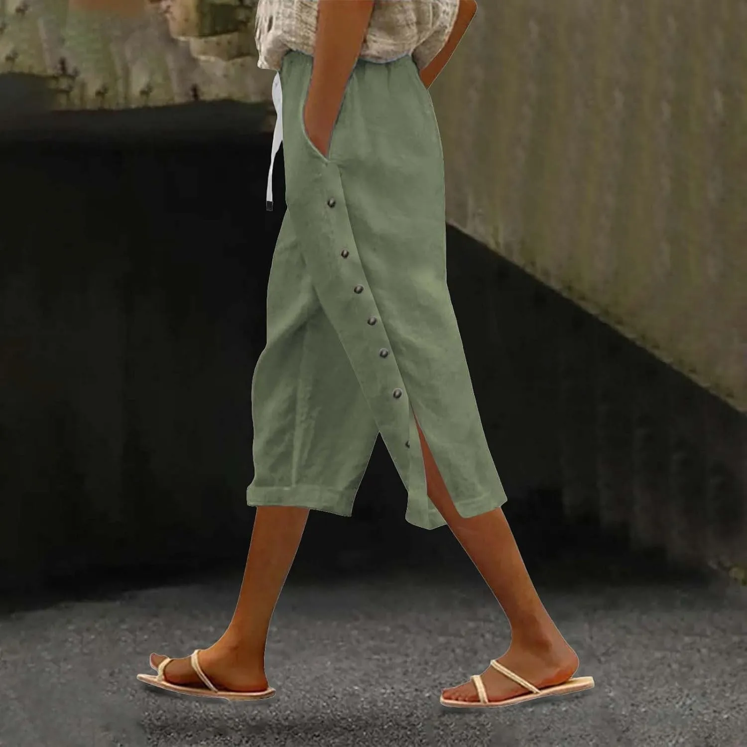 Linen Capri Pants for Women Summer 2025 Wide Leg Loose Drawstring Elastic Waist Cropped Trouser
