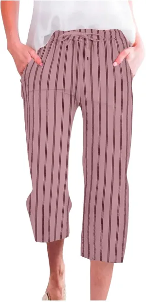 Linen Capri Pants for Women Summer Elastic Waist Casual Straight Leg Drawstring Beach Cropped Trousers with Pockets