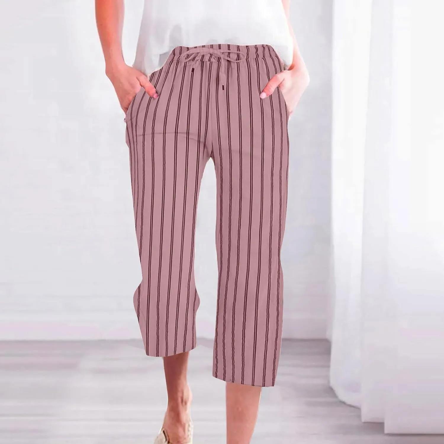 Linen Capri Pants for Women Summer Elastic Waist Casual Straight Leg Drawstring Beach Cropped Trousers with Pockets