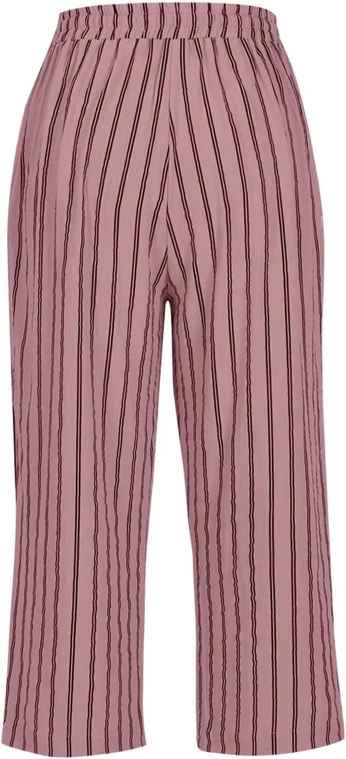 Linen Capri Pants for Women Summer Elastic Waist Casual Straight Leg Drawstring Beach Cropped Trousers with Pockets