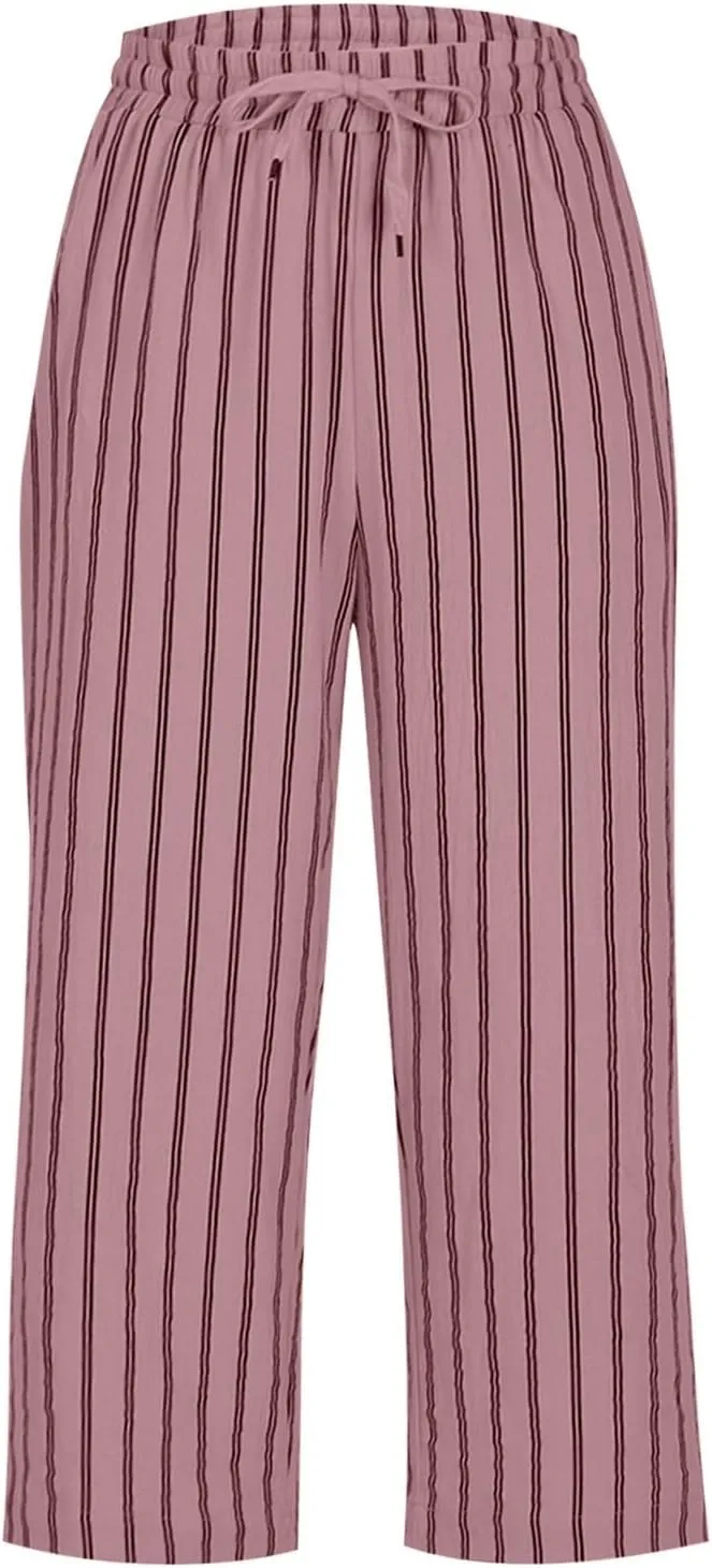 Linen Capri Pants for Women Summer Elastic Waist Casual Straight Leg Drawstring Beach Cropped Trousers with Pockets