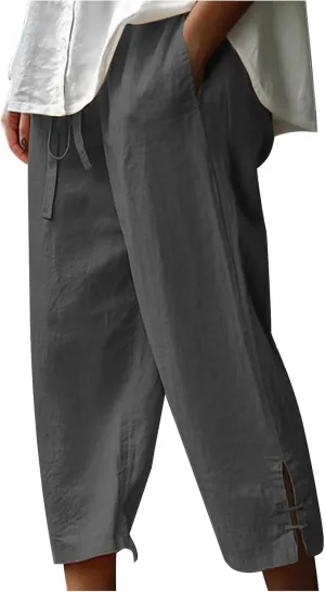 Linen Capri Pants Women Summer 2025 Drawstring High Waist Lounge Pant Wide Leg Beach Resort Wear Cropped Trousers
