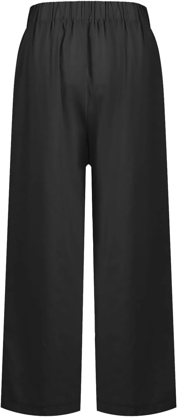 Linen Crop Pants for Women Summer Casual Straight Leg Trousers Loose fit Beach Vacation Capris Pants w Pocket