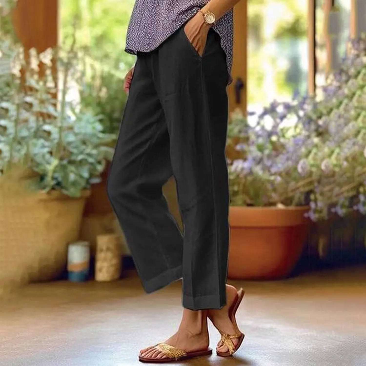 Linen Crop Pants for Women Summer Casual Straight Leg Trousers Loose fit Beach Vacation Capris Pants w Pocket