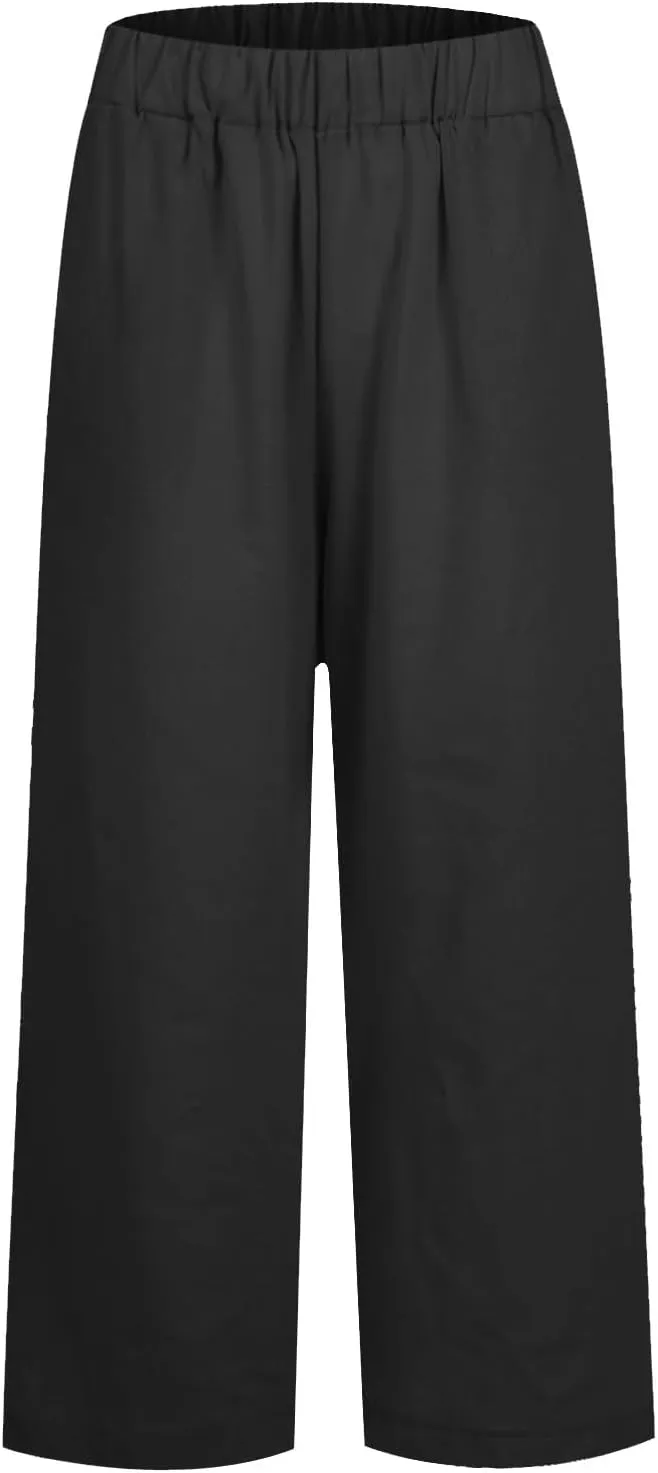 Linen Crop Pants for Women Summer Casual Straight Leg Trousers Loose fit Beach Vacation Capris Pants w Pocket