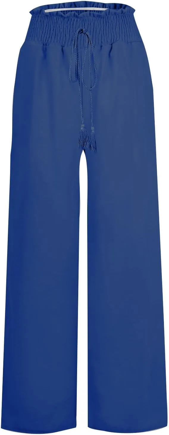 Linen Drawstring Pants for Women High Waist Wide Leg Pant Comfy Flowy Lounge Trousers 2025 Summer Casual Baech Pants