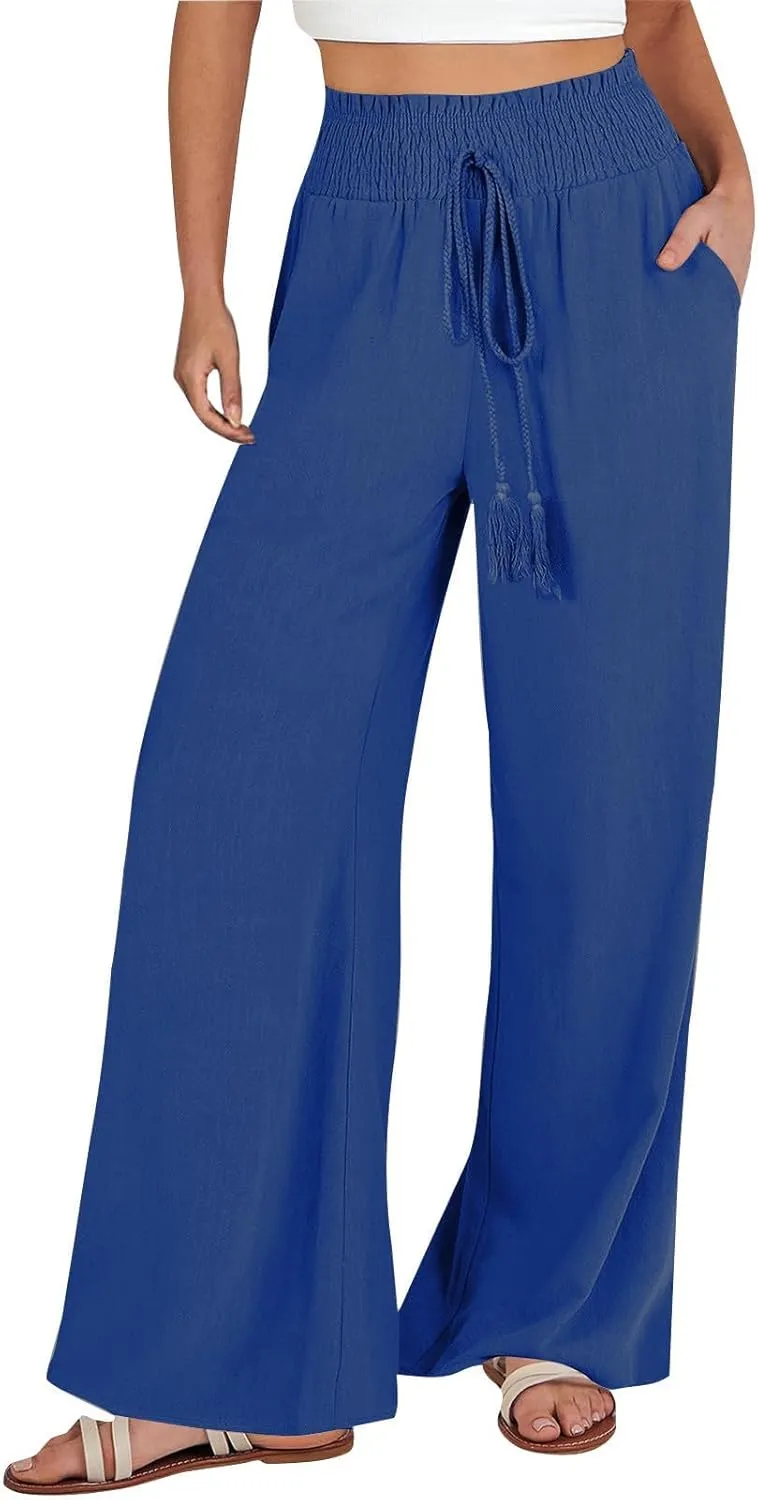 Linen Drawstring Pants for Women High Waist Wide Leg Pant Comfy Flowy Lounge Trousers 2025 Summer Casual Baech Pants