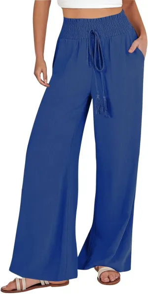 Linen Drawstring Pants for Women High Waist Wide Leg Pant Comfy Flowy Lounge Trousers 2025 Summer Casual Baech Pants