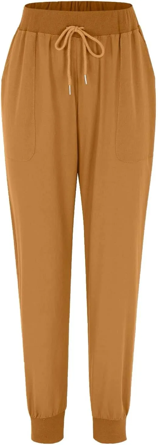 Linen Joggers for Women Casual Elastic High Waist Pants Drawstring Tapered Pants Sumemr Lightweight Trousers with Pockets