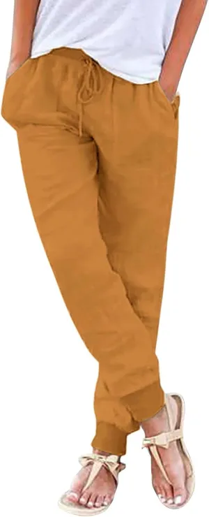 Linen Joggers for Women Casual Elastic High Waist Pants Drawstring Tapered Pants Sumemr Lightweight Trousers with Pockets