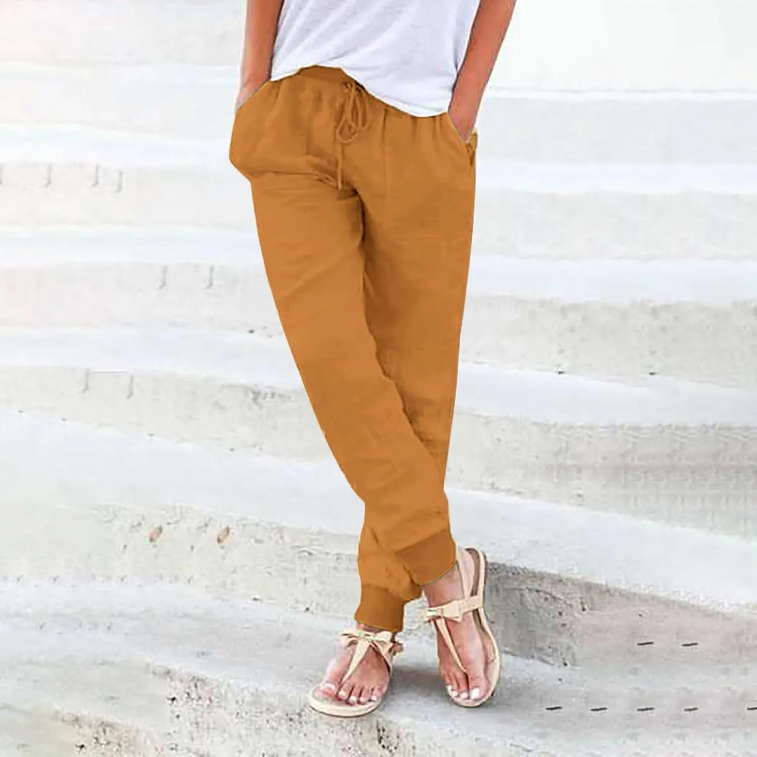 Linen Joggers for Women Casual Elastic High Waist Pants Drawstring Tapered Pants Sumemr Lightweight Trousers with Pockets
