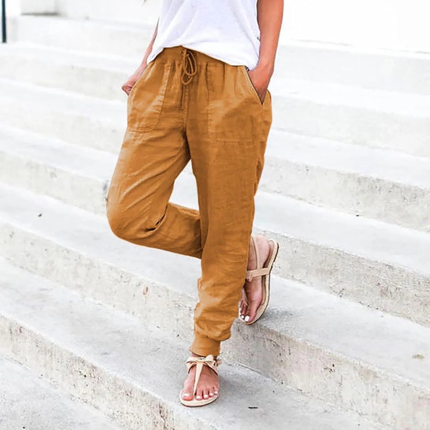 Linen Joggers for Women Casual Elastic High Waist Pants Drawstring Tapered Pants Sumemr Lightweight Trousers with Pockets