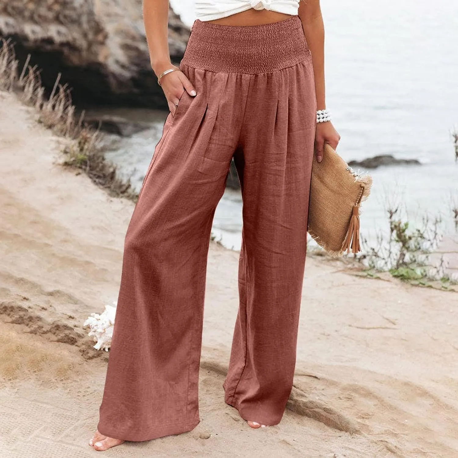 Linen Palazzo Pants for Women 2025 Summer Casual Loose Wide Leg Lounge Pant Beach Travel Vacation Outfits