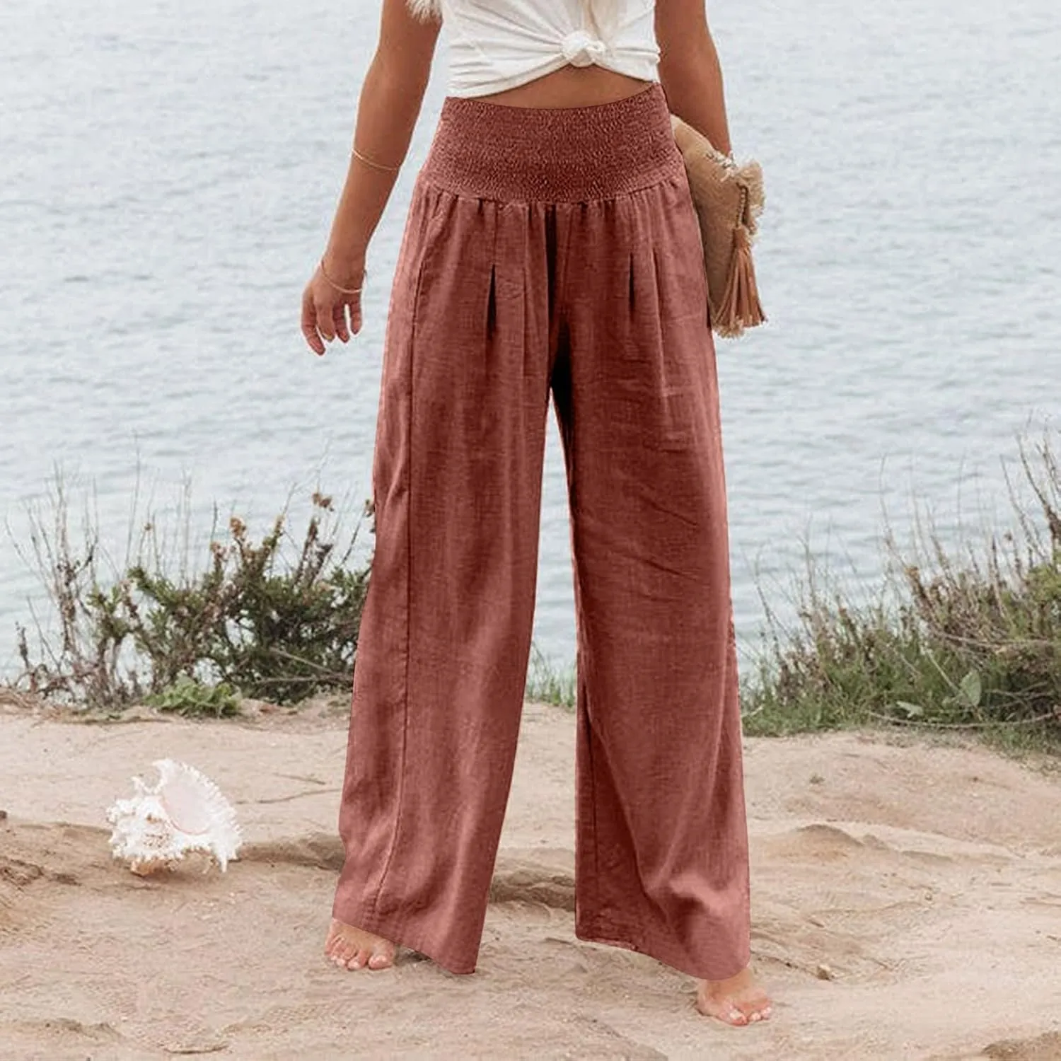 Linen Palazzo Pants for Women 2025 Summer Casual Loose Wide Leg Lounge Pant Beach Travel Vacation Outfits