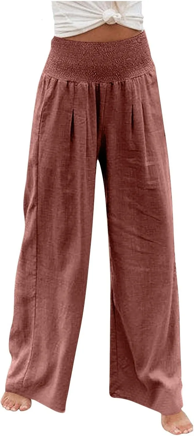 Linen Palazzo Pants for Women 2025 Summer Casual Loose Wide Leg Lounge Pant Beach Travel Vacation Outfits