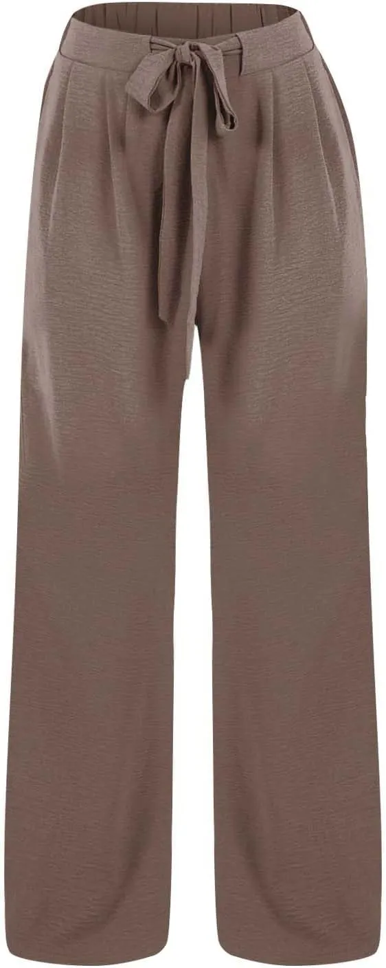 Linen Palazzo Pants for Women Casual Loose Beach Wide Leg Flowy Trousers High Waisted Tie Knot Lounge Pant