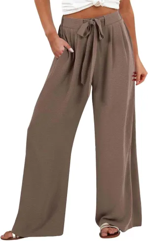 Linen Palazzo Pants for Women Casual Loose Beach Wide Leg Flowy Trousers High Waisted Tie Knot Lounge Pant