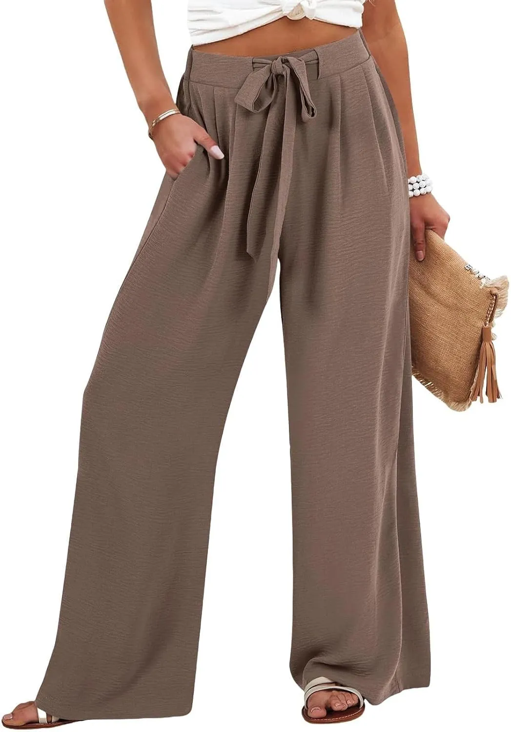 Linen Palazzo Pants for Women Casual Loose Beach Wide Leg Flowy Trousers High Waisted Tie Knot Lounge Pant