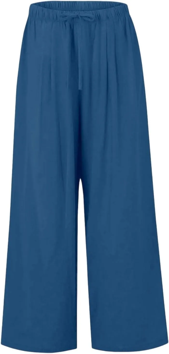 Linen Palazzo Pants for Women Elastic High Waisted Wide Leg Pants Casual Summer Beach Trouser Pants with Pockets