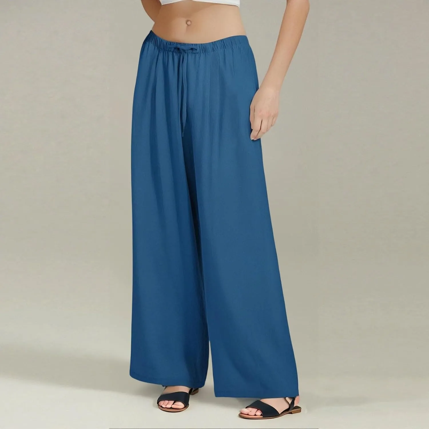 Linen Palazzo Pants for Women Elastic High Waisted Wide Leg Pants Casual Summer Beach Trouser Pants with Pockets