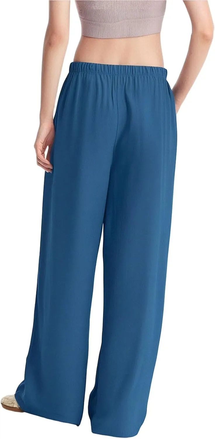 Linen Palazzo Pants for Women Elastic High Waisted Wide Leg Pants Casual Summer Beach Trouser Pants with Pockets