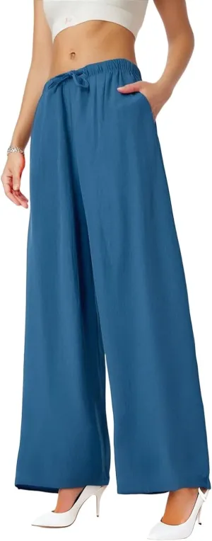 Linen Palazzo Pants for Women Elastic High Waisted Wide Leg Pants Casual Summer Beach Trouser Pants with Pockets