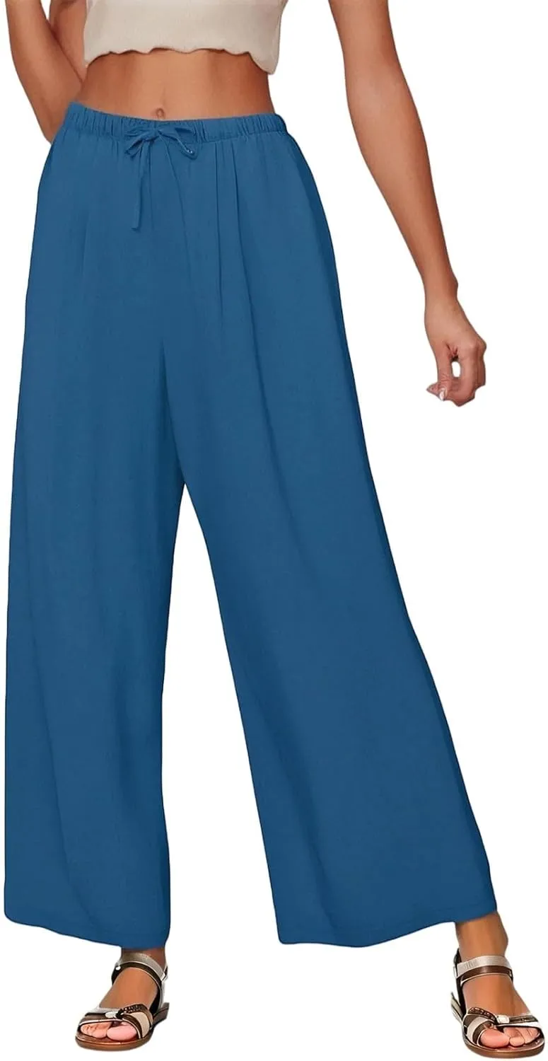 Linen Palazzo Pants for Women Elastic High Waisted Wide Leg Pants Casual Summer Beach Trouser Pants with Pockets