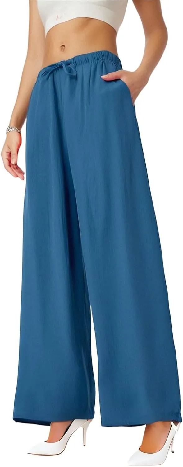 Linen Palazzo Pants for Women Elastic High Waisted Wide Leg Pants Casual Summer Beach Trouser Pants with Pockets