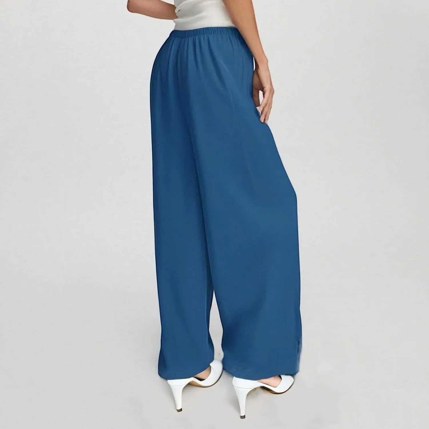 Linen Palazzo Pants for Women Elastic High Waisted Wide Leg Pants Casual Summer Beach Trouser Pants with Pockets