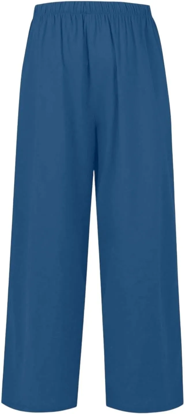 Linen Palazzo Pants for Women Elastic High Waisted Wide Leg Pants Casual Summer Beach Trouser Pants with Pockets