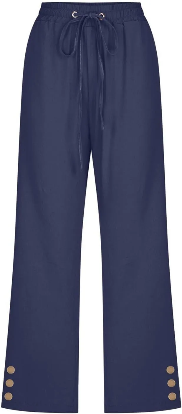 Linen Pants Cropped Pants Cotton Elastic Waist Straight Leg Trousers Casual Summer Beach Lounge Trousers