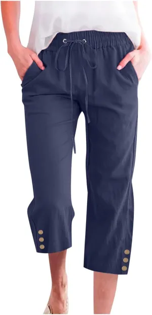 Linen Pants Cropped Pants Cotton Elastic Waist Straight Leg Trousers Casual Summer Beach Lounge Trousers