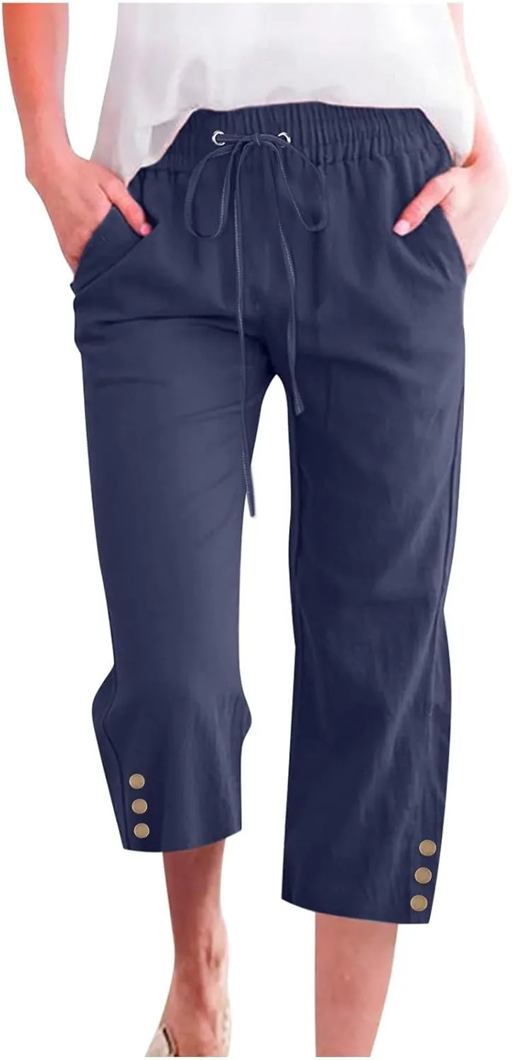 Linen Pants Cropped Pants Cotton Elastic Waist Straight Leg Trousers Casual Summer Beach Lounge Trousers