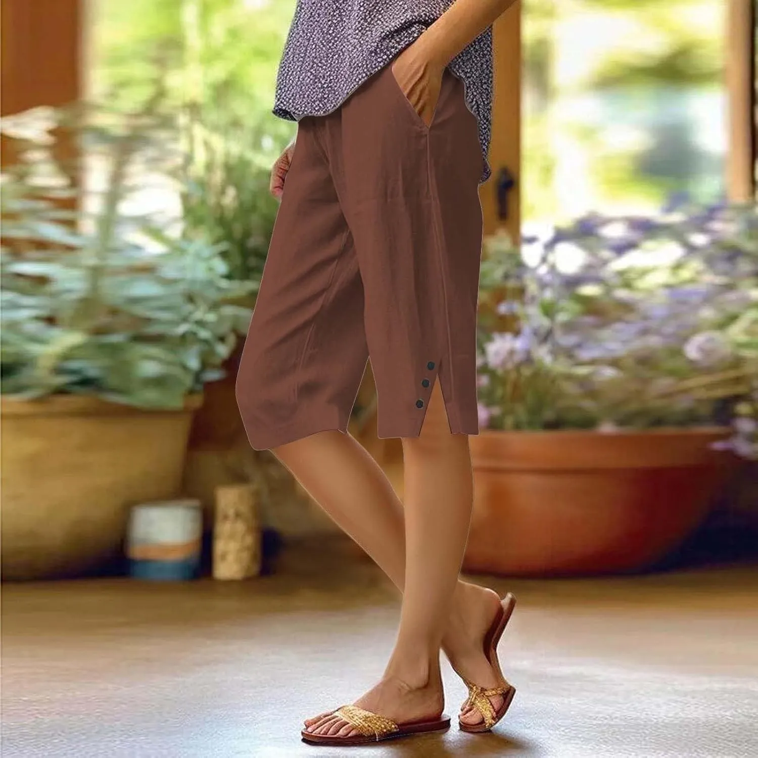 Linen Pants Cropped Pants Cotton Linen Elastic Waist Trousers Casual Loose Business Work Lounge Long Trousers