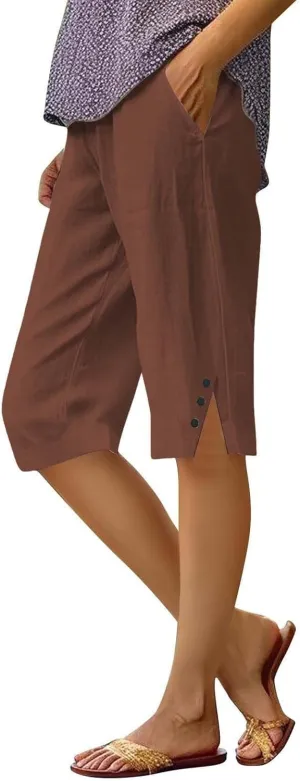 Linen Pants Cropped Pants Cotton Linen Elastic Waist Trousers Casual Loose Business Work Lounge Long Trousers