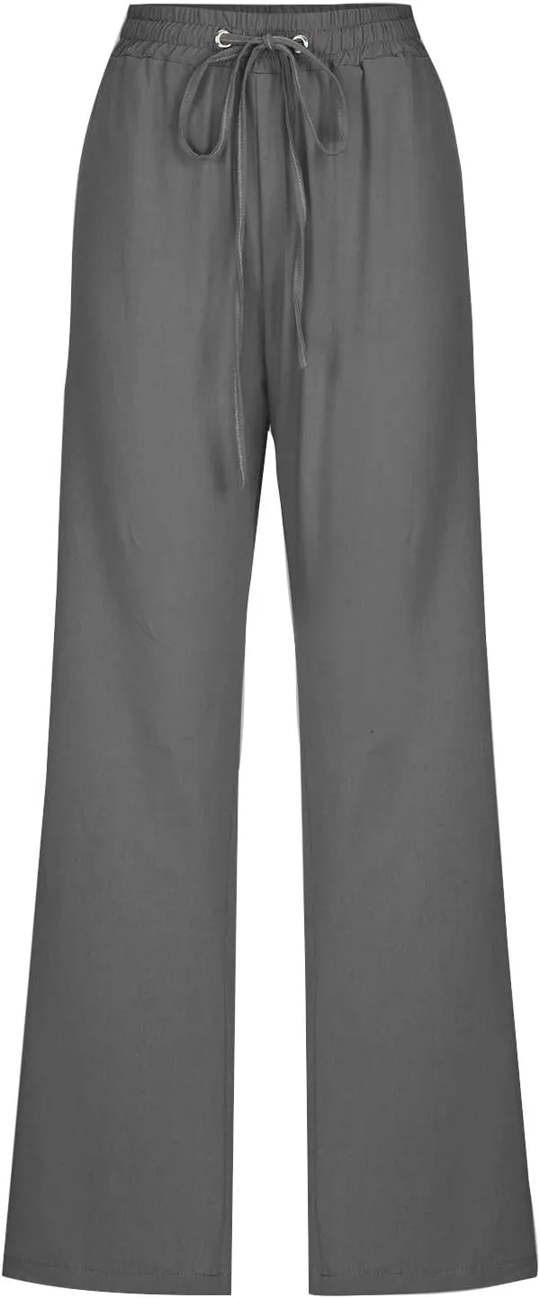 Linen Pants for Women 2025 Summer Straight Wide Leg Casual Pants Drawstring Elastic Waist Trousers with Pockets