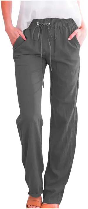 Linen Pants for Women 2025 Summer Straight Wide Leg Casual Pants Drawstring Elastic Waist Trousers with Pockets