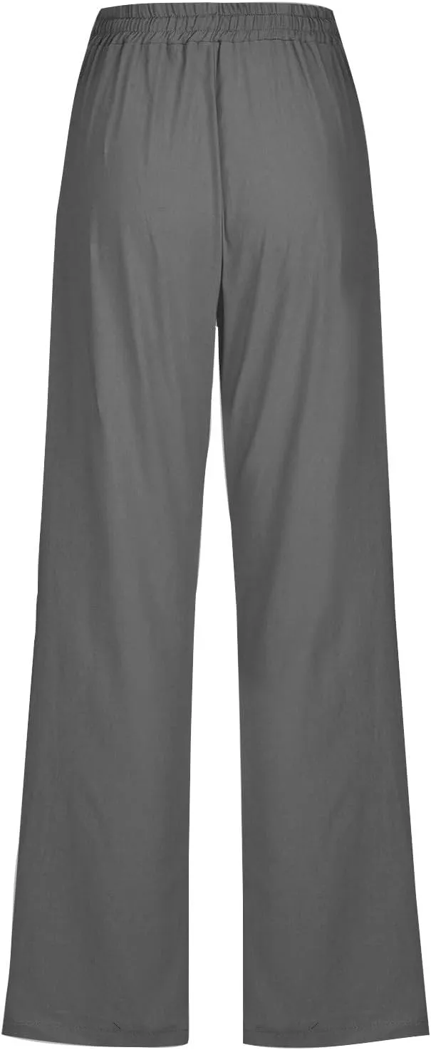 Linen Pants for Women 2025 Summer Straight Wide Leg Casual Pants Drawstring Elastic Waist Trousers with Pockets