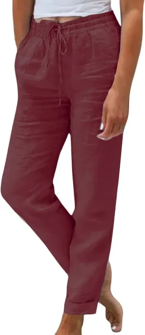 Linen Pants for Women Baggy Wide Leg Pants Elastic Waist Straight Leg Casual Cotton Linen Pants Summer Outfits Lounge Sets