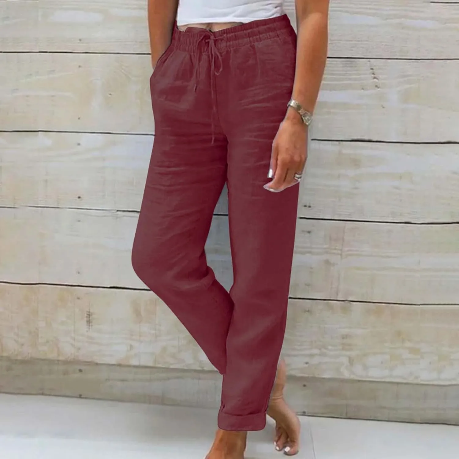 Linen Pants for Women Baggy Wide Leg Pants Elastic Waist Straight Leg Casual Cotton Linen Pants Summer Outfits Lounge Sets