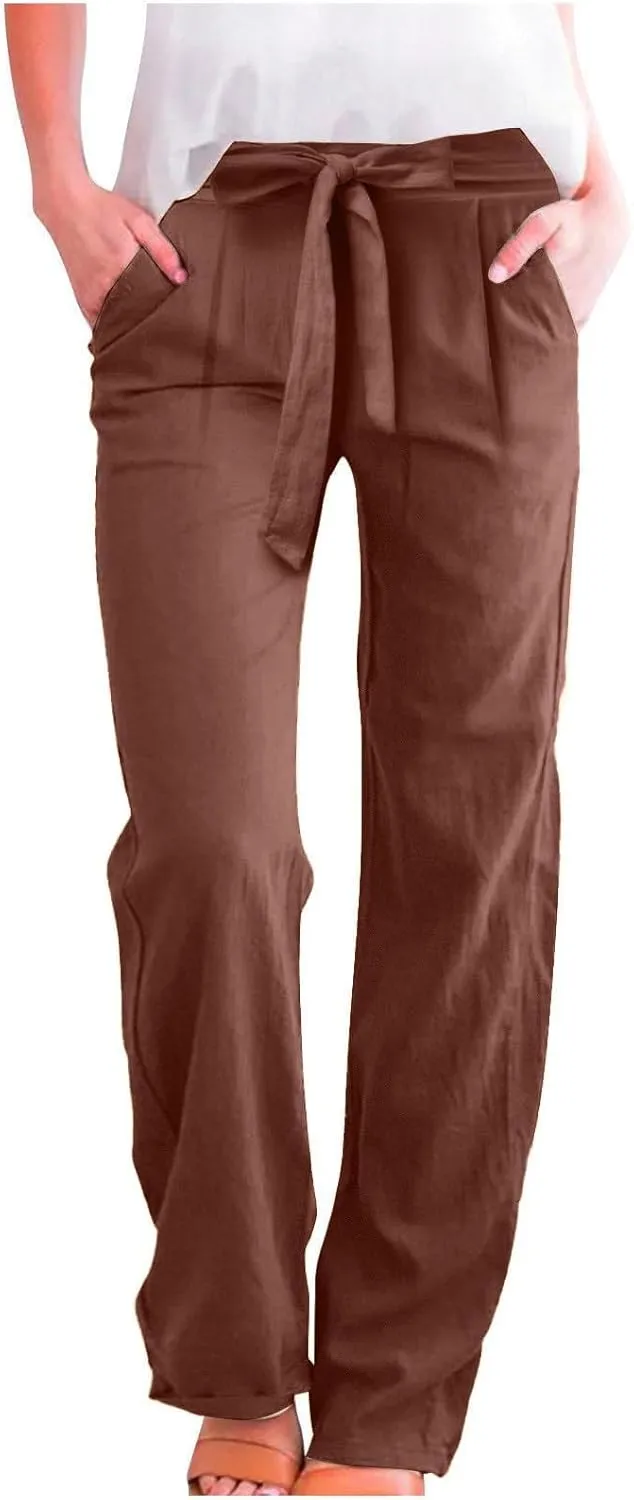 Linen Pants for Women Casual Straight Leg Loose Fit Summer Pants High Waisted Quick Dry Vacation Trousers with Pockets