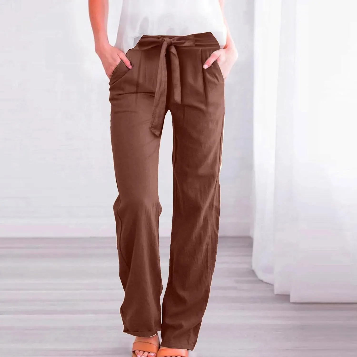 Linen Pants for Women Casual Straight Leg Loose Fit Summer Pants High Waisted Quick Dry Vacation Trousers with Pockets